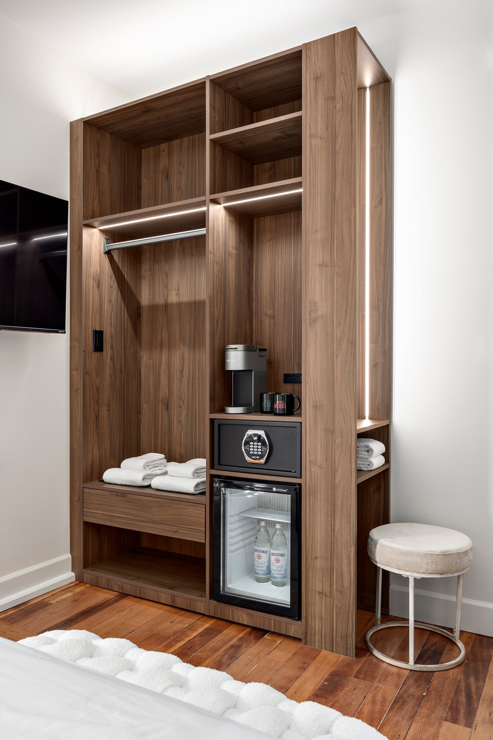In-room bar — Keurig, mini fridge and in-room safe